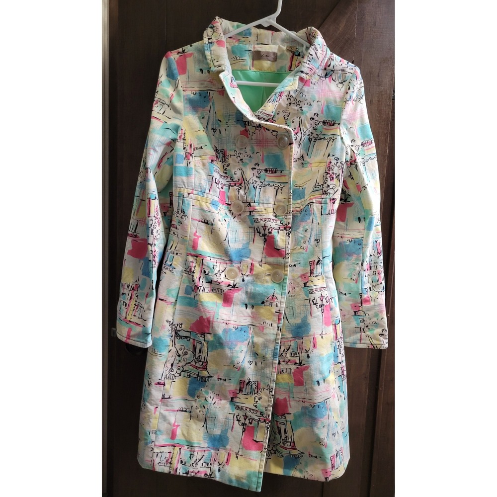 i.e. Womens Abstract Cityscape Print Cotton Trench Coat Pastel Double Breasted S